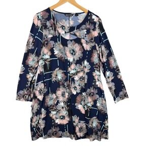 Nina Leonard Floral Print Long Sleeve Dress size Large Blue/Multicolor